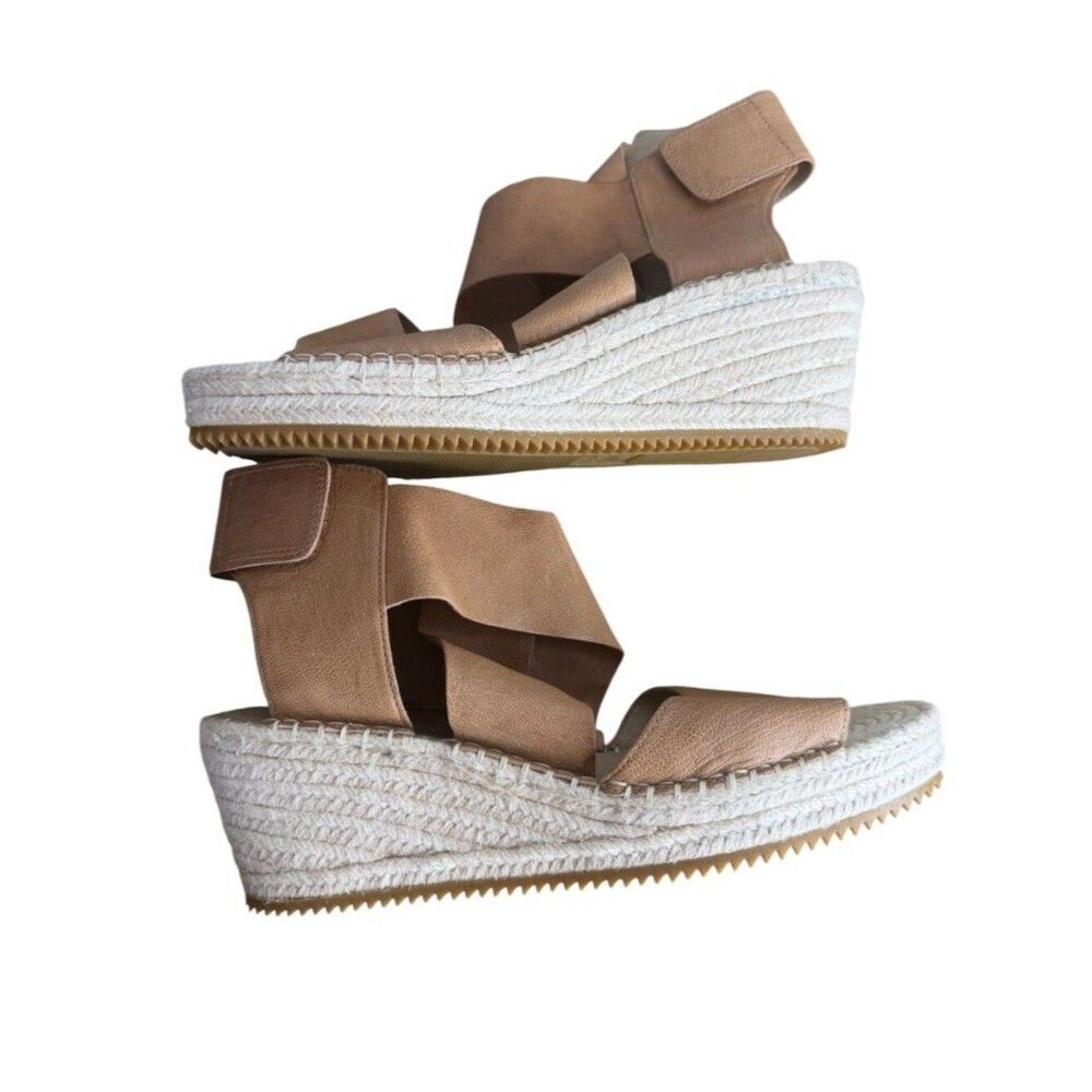 Eileen Fisher Willow Tumbled Leather Wedge Espadrille size 10M Honey Tan Sandals